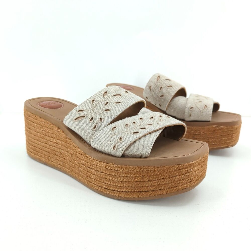CHLOE Women 41 US 11 Woody Espadrille Platform Sandals Brown Eyelet Jute Linen